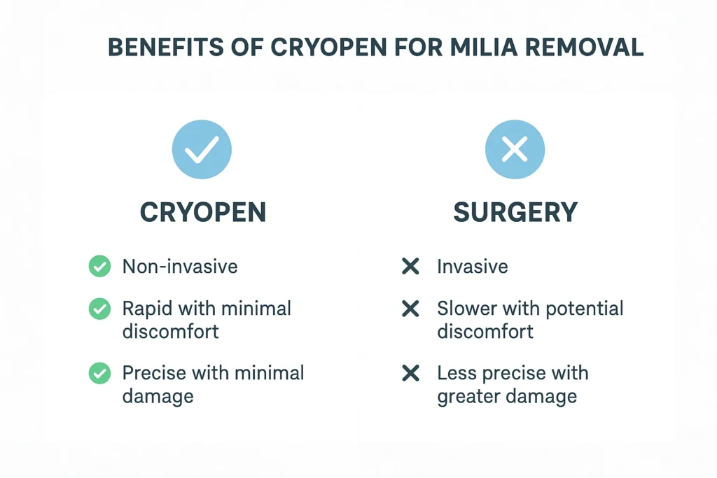 Benefits of cryopen for milia removal Hampstead Heath compared to surgical treatments.