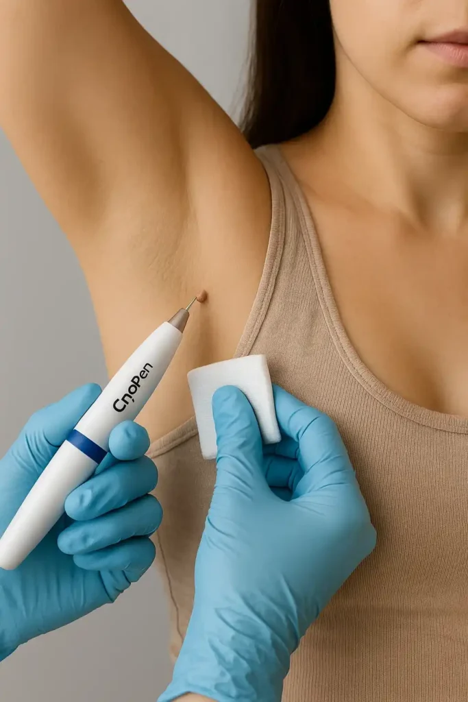 woman having cryopen to remove underarm skin tags Hampstead Heath