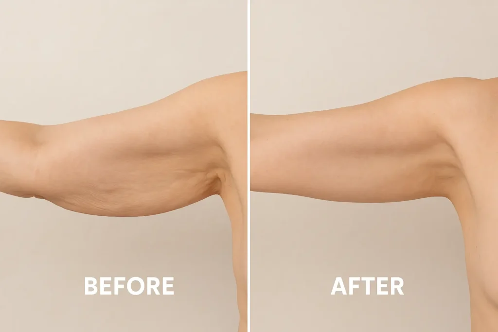 Picture of LA LIPO Hampstead Heath before and after results of skin tightening treatment on the upper arms.