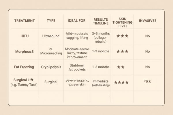 Table showing the comparisons of Skin tightening Hampstead Heath treatment options.